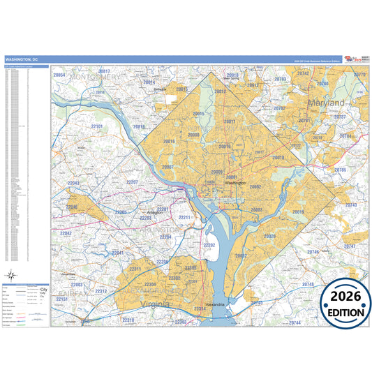 Washington DC Business Reference 5 Digit ZIP Code Wall Map