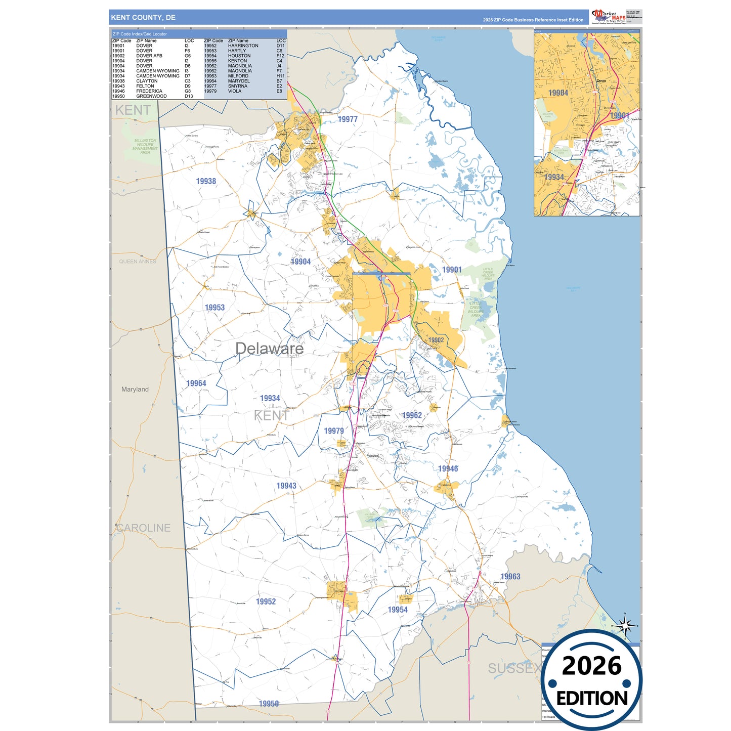 Kent County, DE Business Reference 5 Digit ZIP Code Wall Map