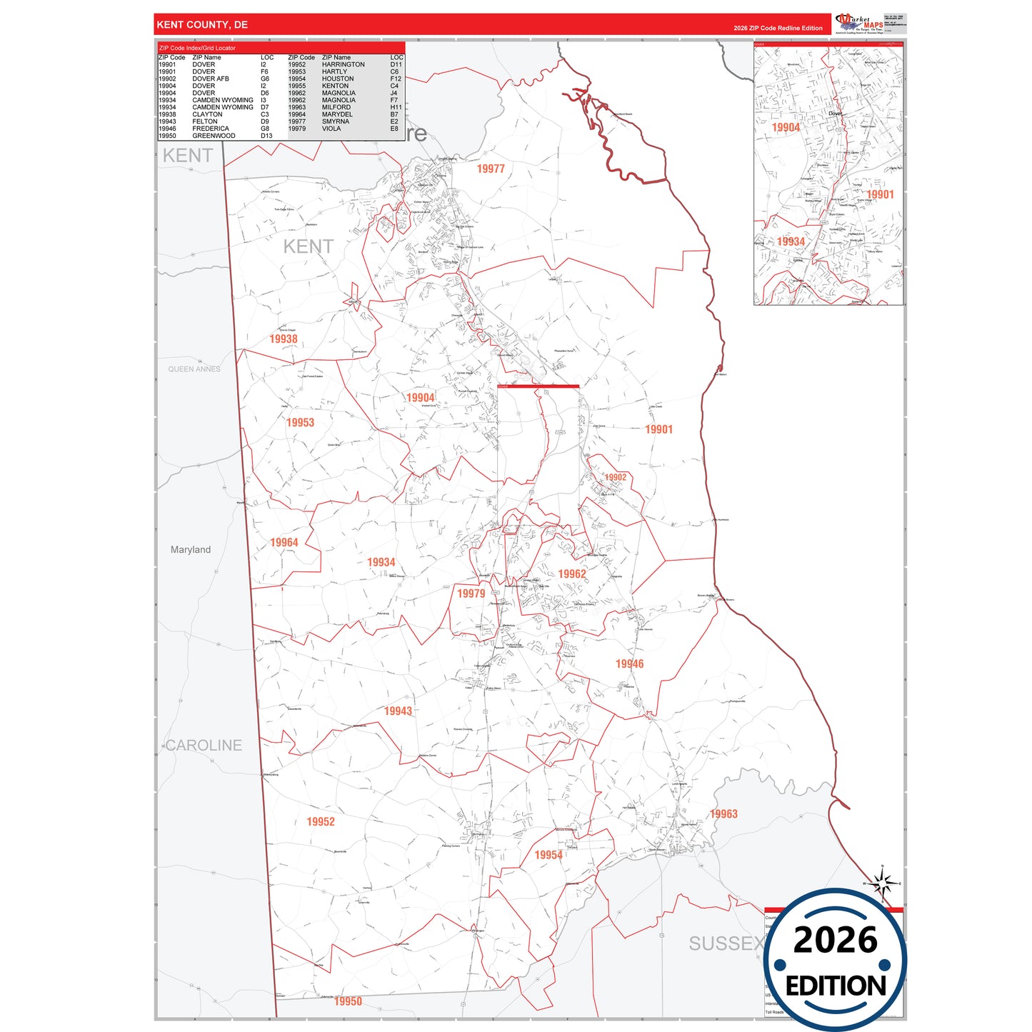 Kent County, DE Red Line 5 Digit ZIP Code Wall Map