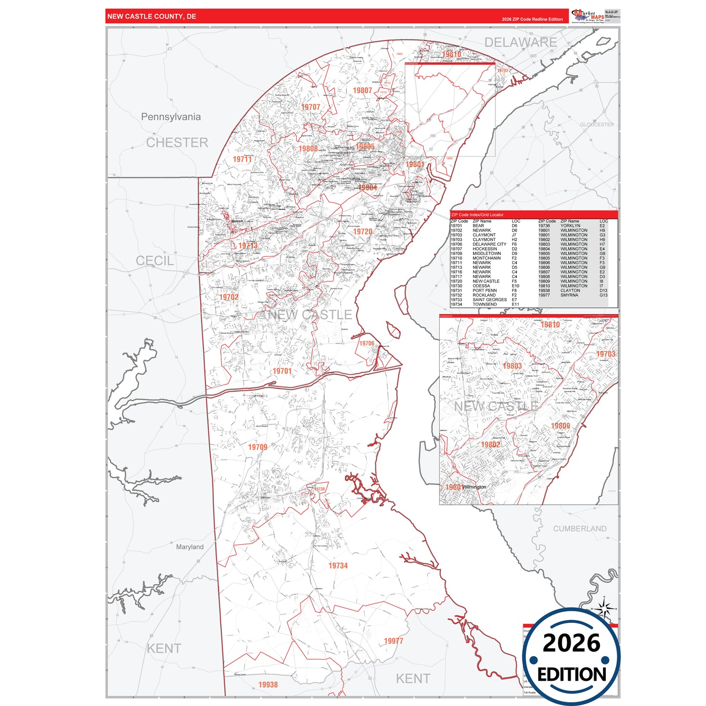 New Castle County, DE Red Line 5 Digit ZIP Code Wall Map