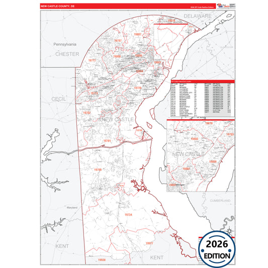 New Castle County, DE Red Line 5 Digit ZIP Code Wall Map