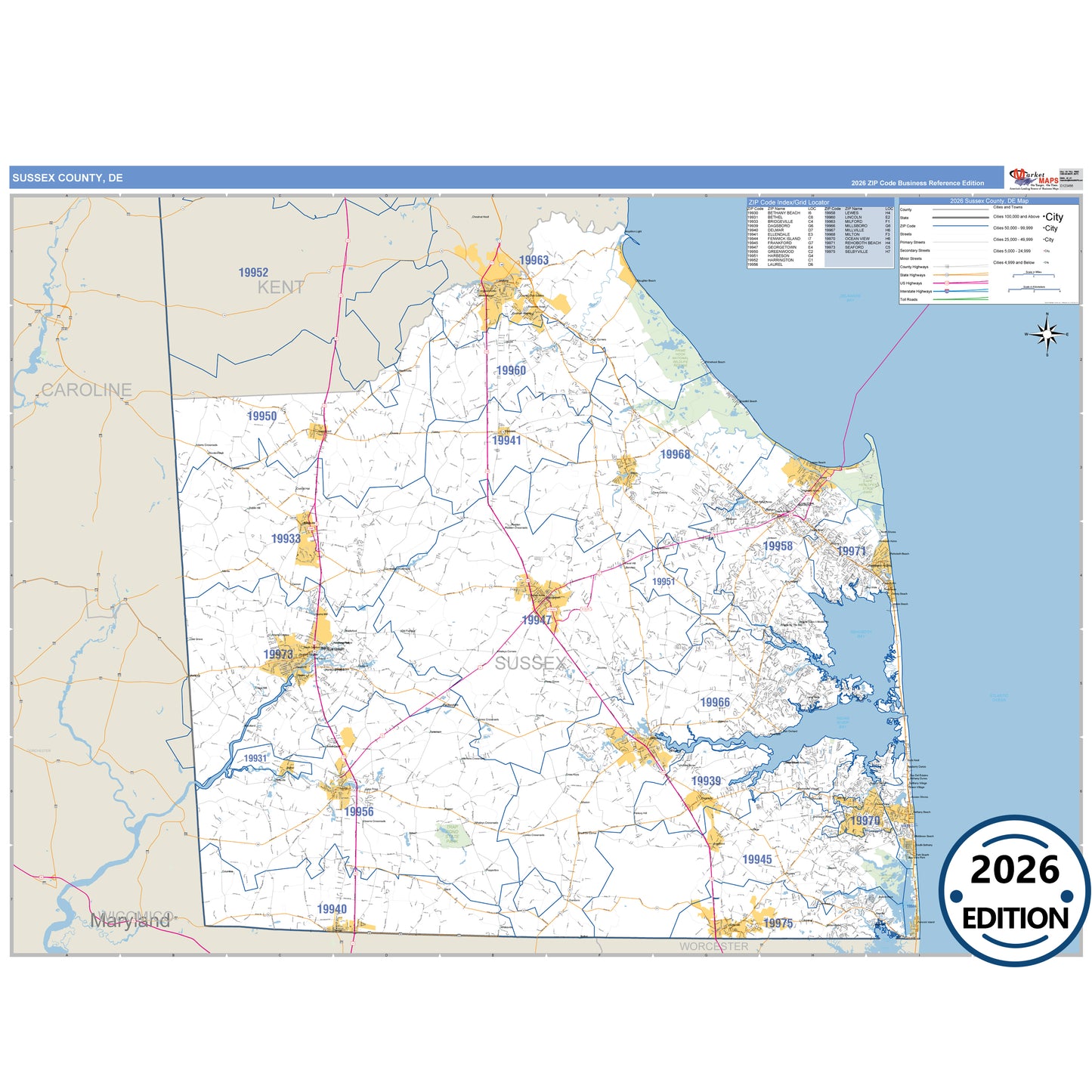 Sussex County, DE Business Reference 5 Digit ZIP Code Wall Map