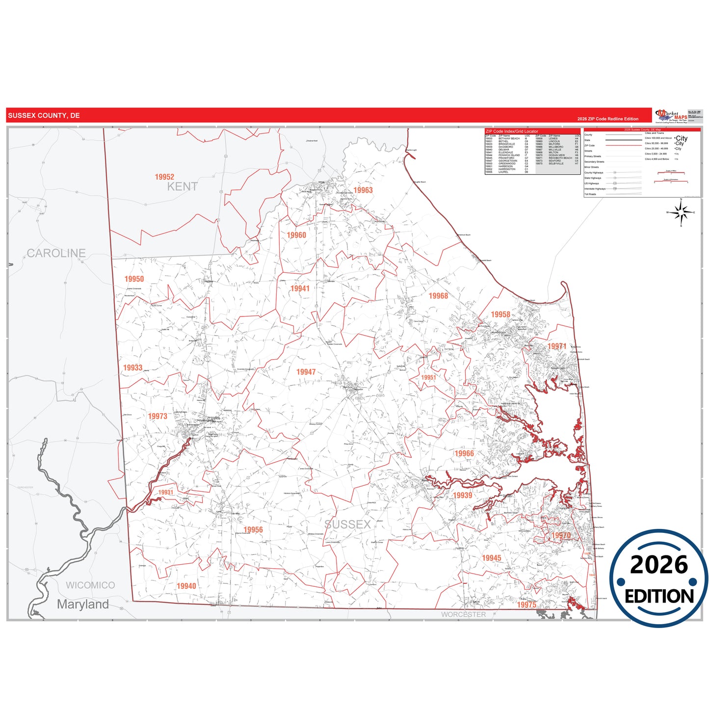 Sussex County, DE Red Line 5 Digit ZIP Code Wall Map