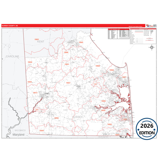 Sussex County, DE Red Line 5 Digit ZIP Code Wall Map