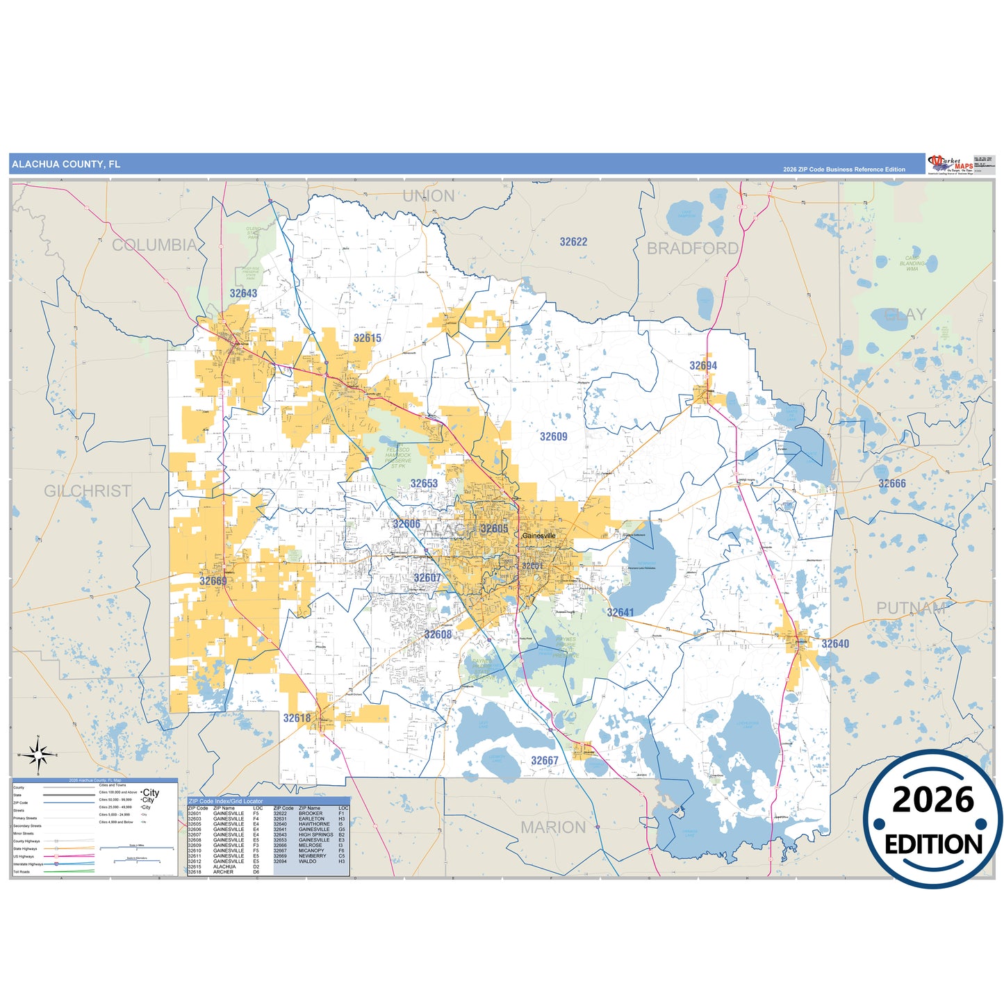 Alachua County, FL Business Reference 5 Digit ZIP Code Wall Map