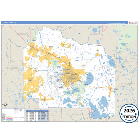 Alachua County, FL Business Reference 5 Digit ZIP Code Wall Map