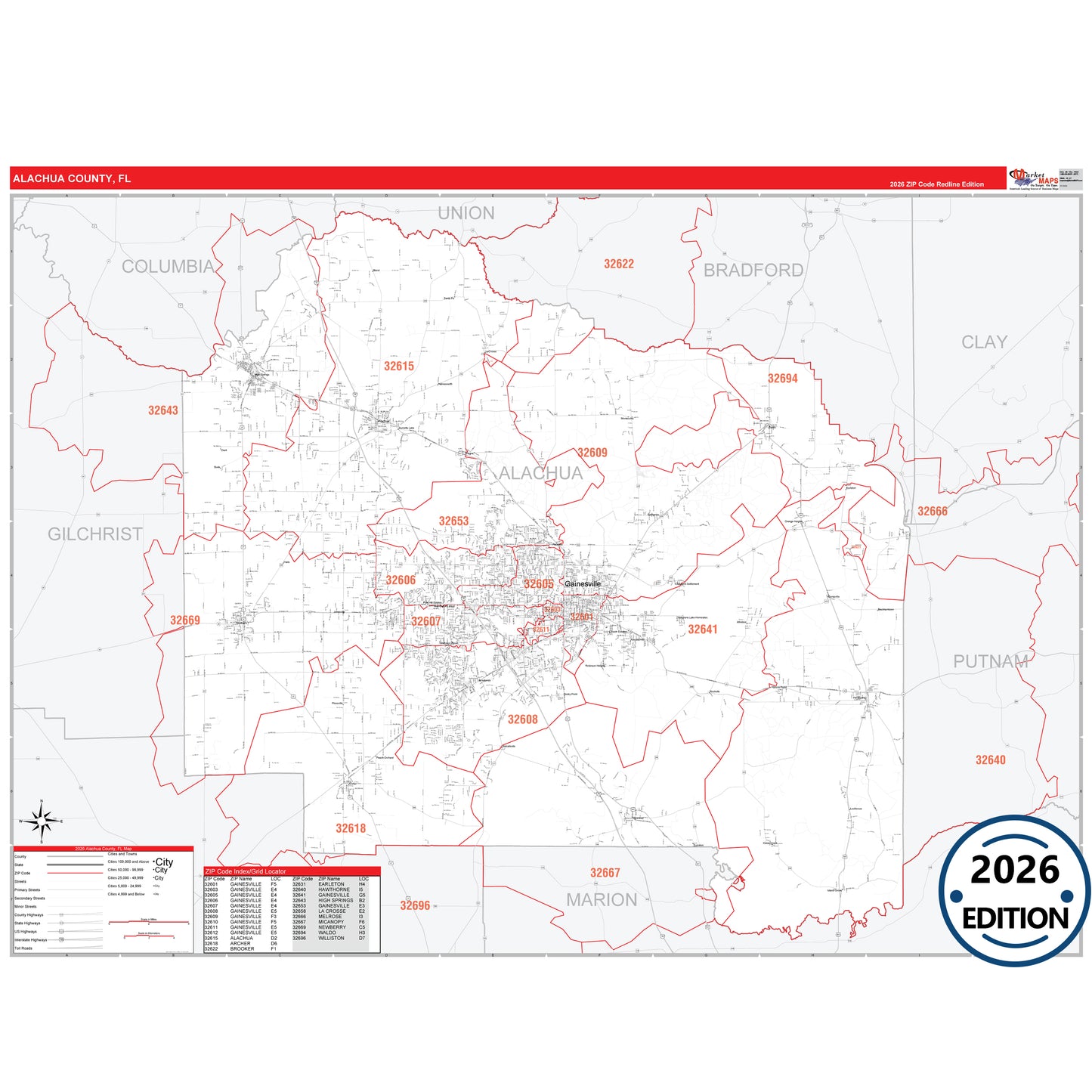 Alachua County, FL Red Line 5 Digit ZIP Code Wall Map