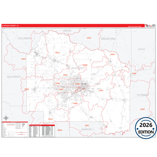 Alachua County, FL Red Line 5 Digit ZIP Code Wall Map