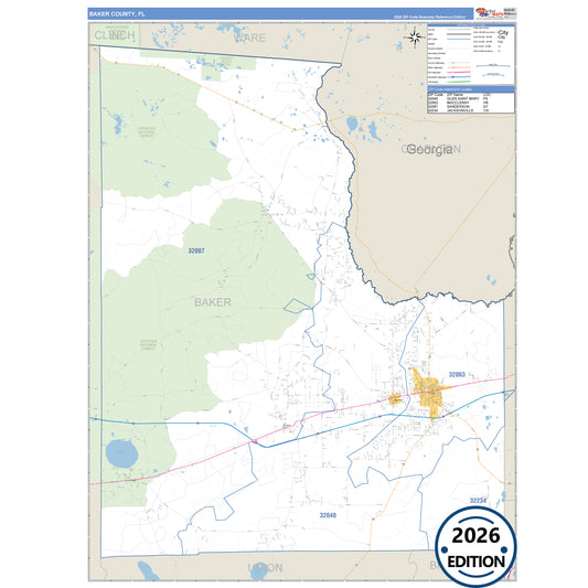 Baker County, FL Business Reference 5 Digit ZIP Code Wall Map