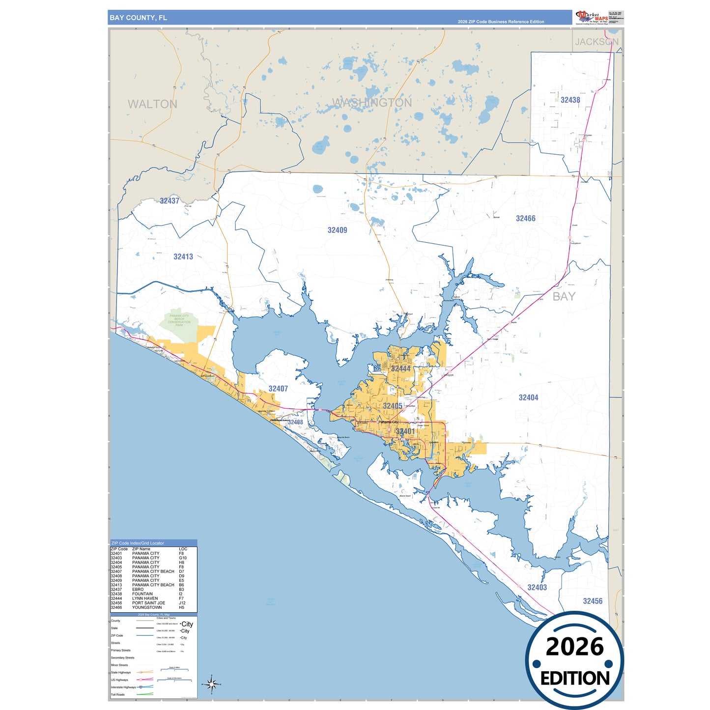 Bay County, FL Business Reference 5 Digit ZIP Code Wall Map