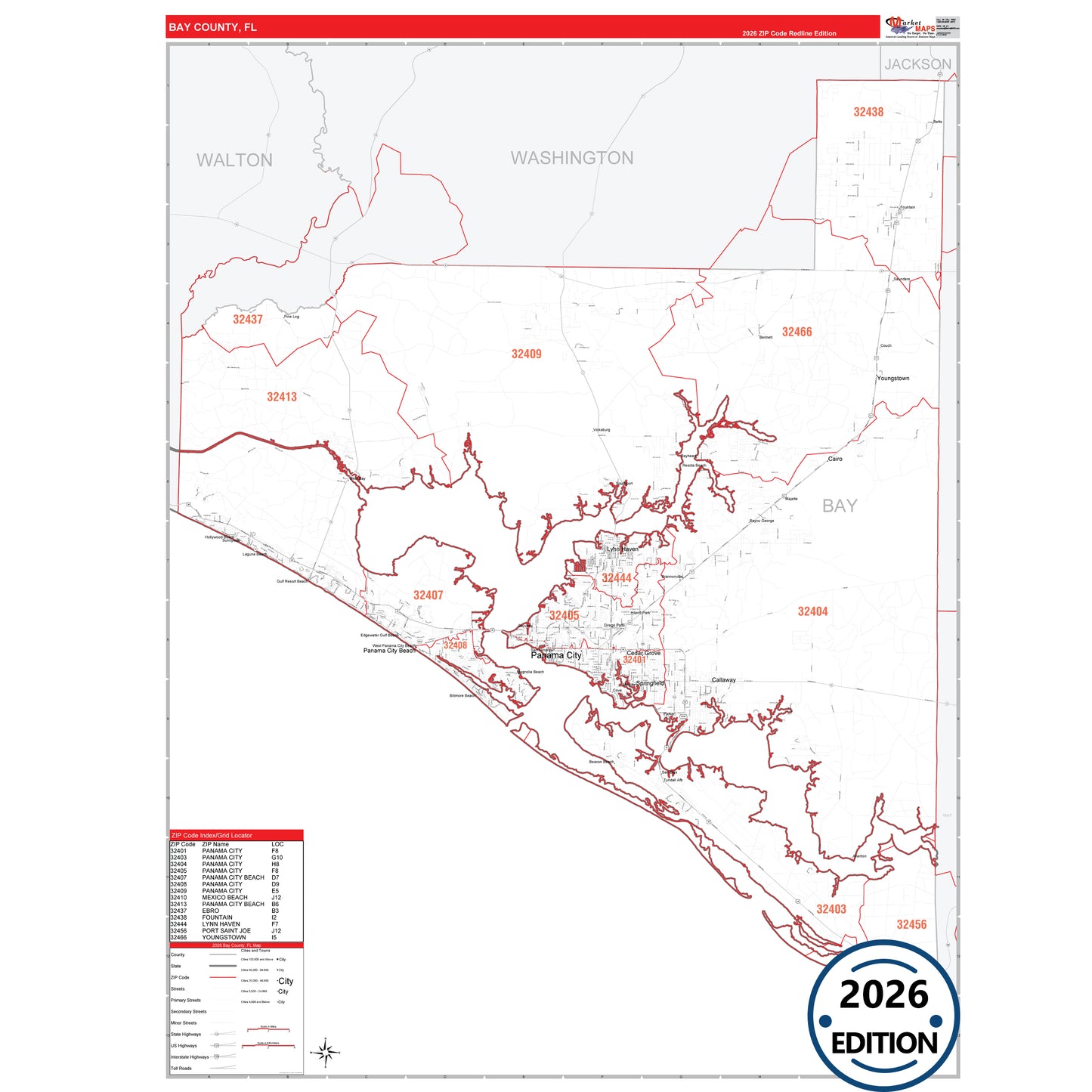 Bay County, FL Red Line 5 Digit ZIP Code Wall Map