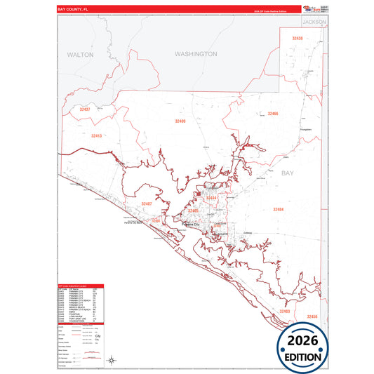 Bay County, FL Red Line 5 Digit ZIP Code Wall Map