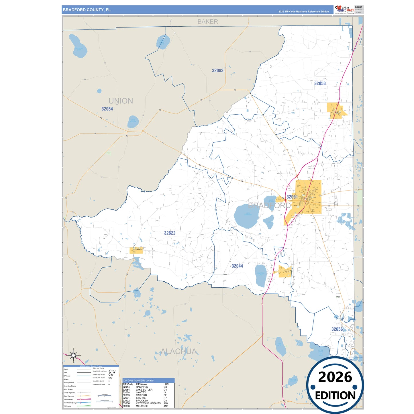 Bradford County, FL Business Reference 5 Digit ZIP Code Wall Map
