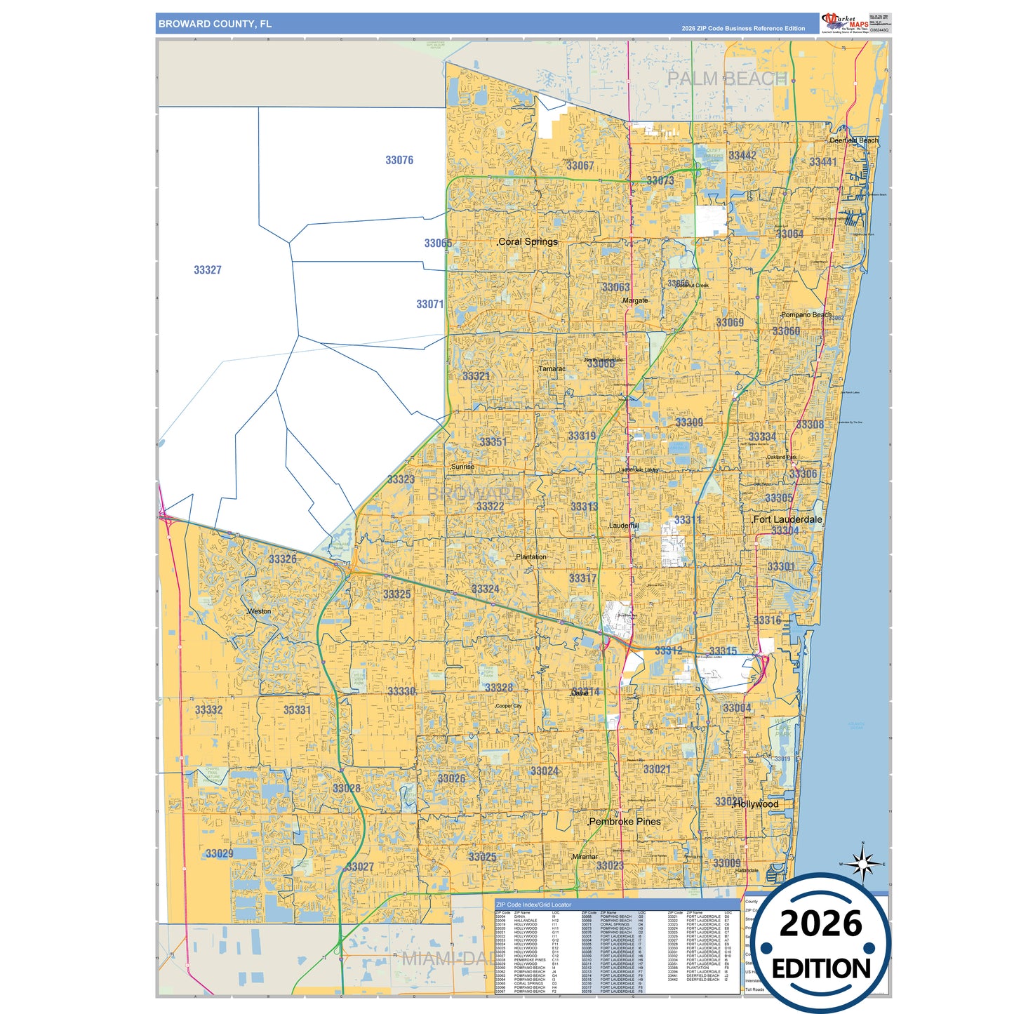 Broward County, FL Business Reference 5 Digit ZIP Code Wall Map