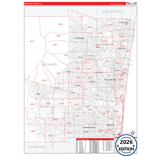 Broward County, FL Red Line 5 Digit ZIP Code Wall Map
