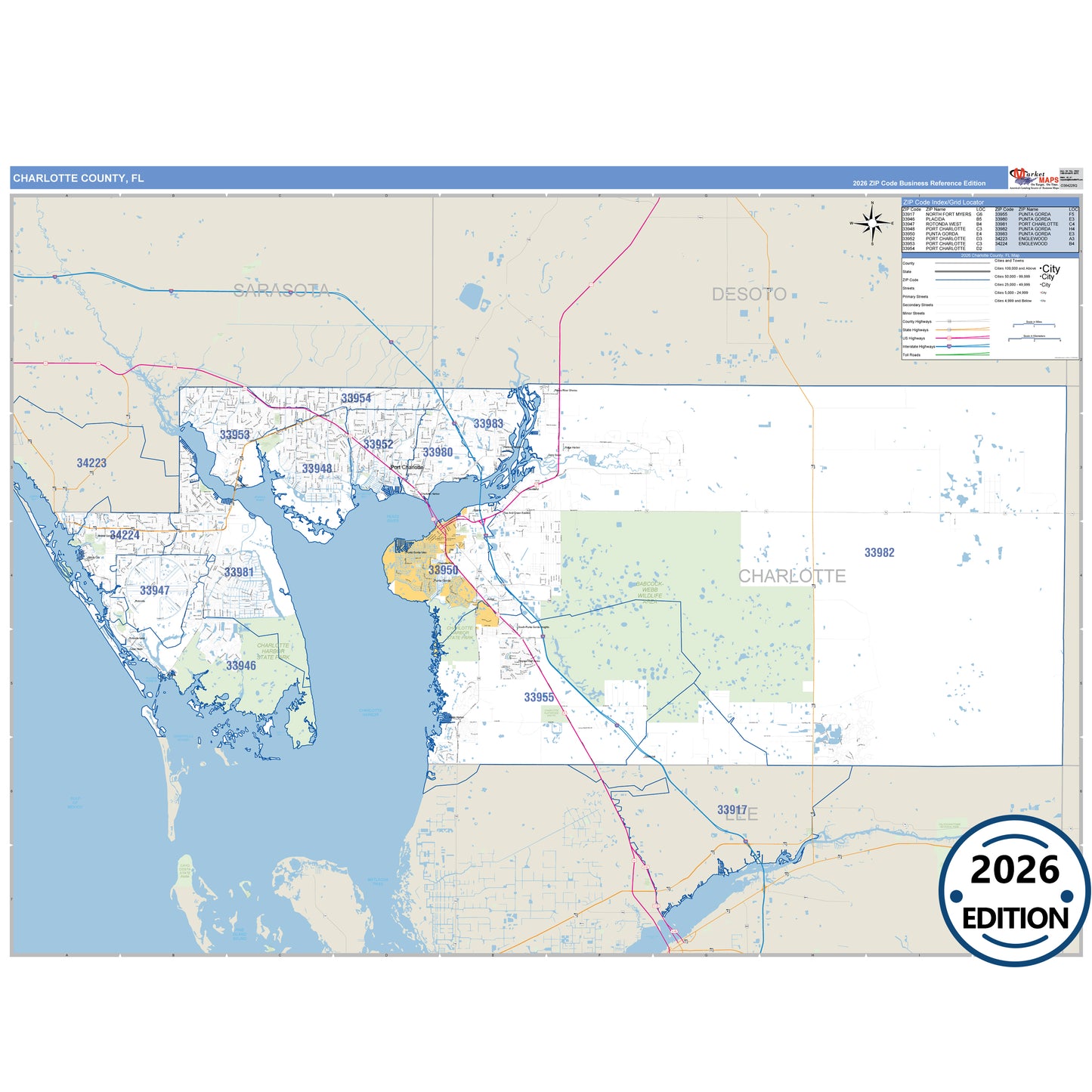 Charlotte County, FL Business Reference 5 Digit ZIP Code Wall Map