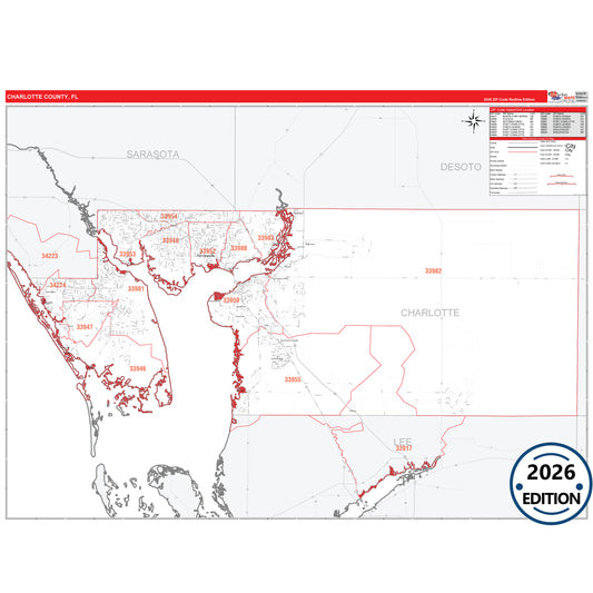 Charlotte County, FL Red Line 5 Digit ZIP Code Wall Map