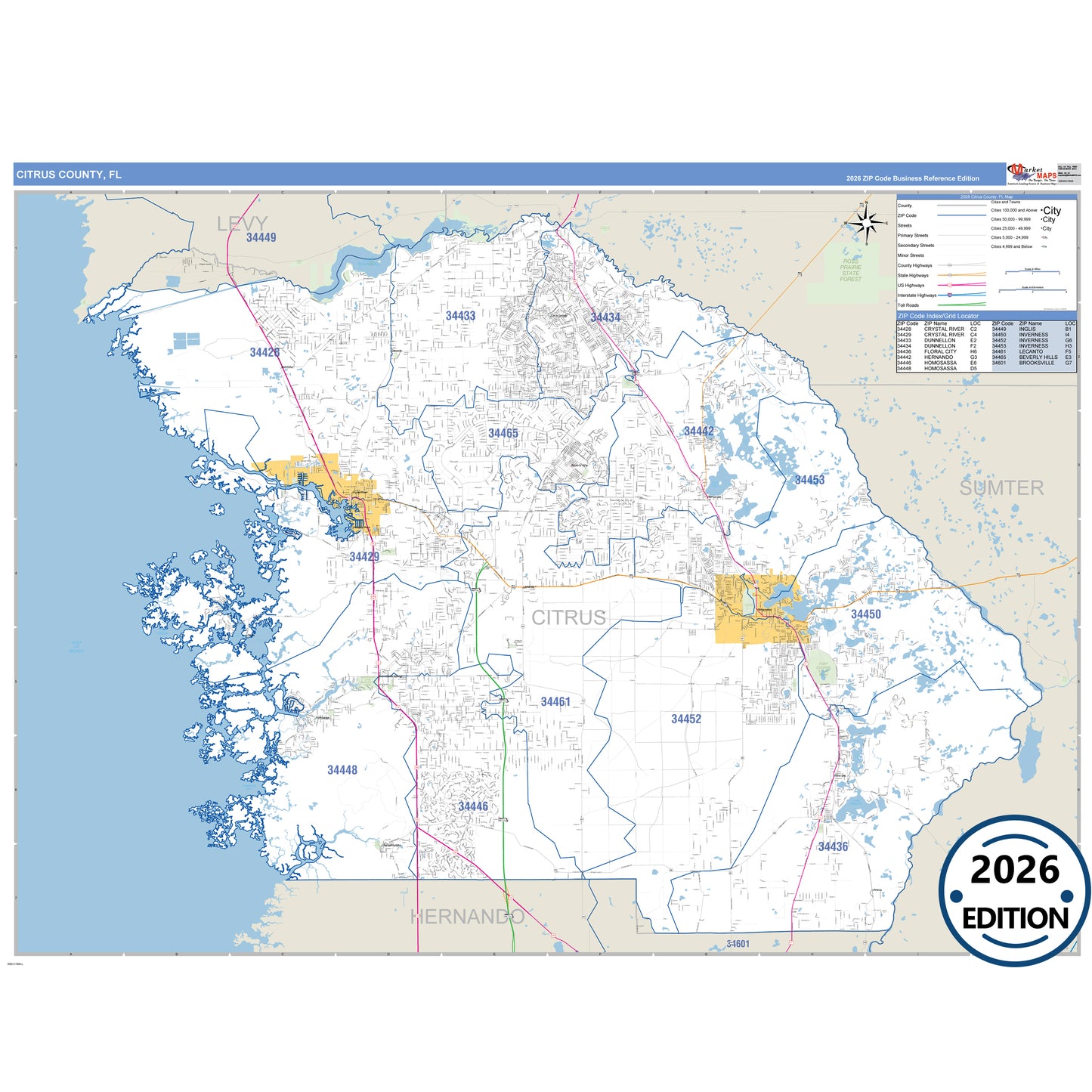 Citrus County, FL Business Reference 5 Digit ZIP Code Wall Map