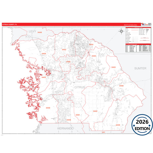 Citrus County, FL Red Line 5 Digit ZIP Code Wall Map