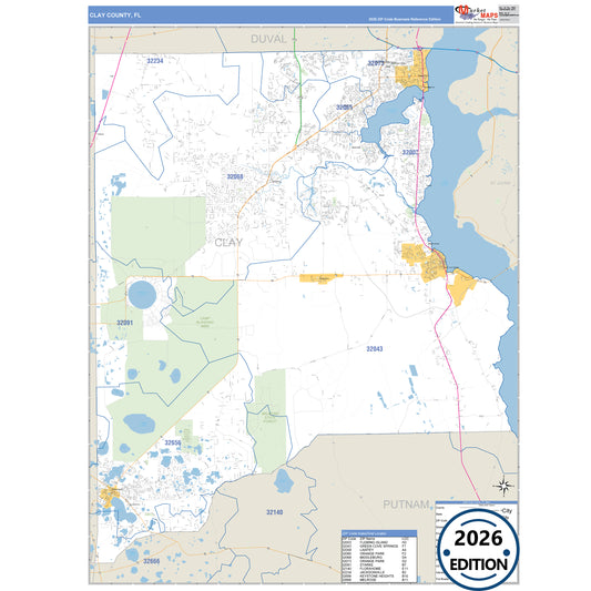 Clay County, FL Business Reference 5 Digit ZIP Code Wall Map