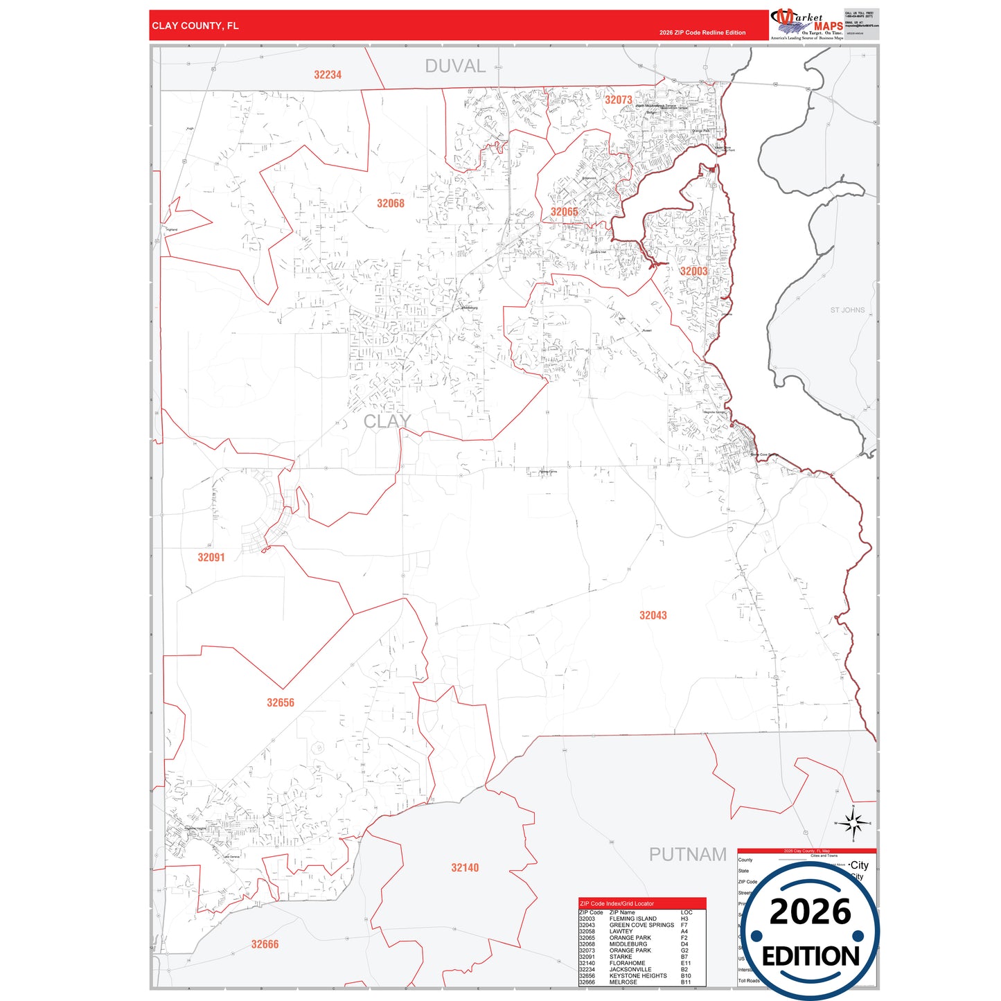 Clay County, FL Red Line 5 Digit ZIP Code Wall Map