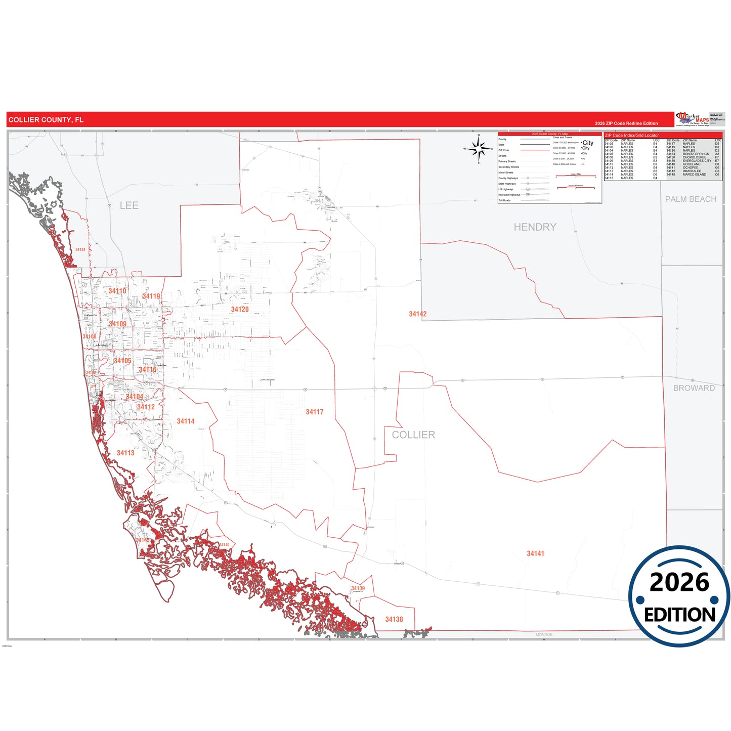 Collier County, FL Red Line 5 Digit ZIP Code Wall Map