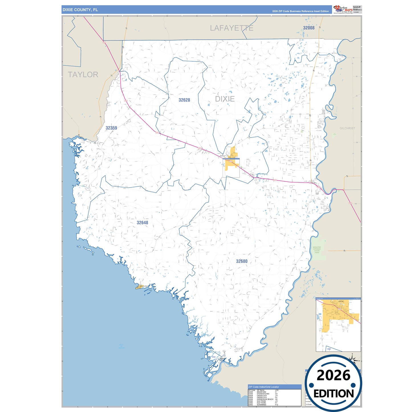 Dixie County, FL Business Reference 5 Digit ZIP Code Wall Map