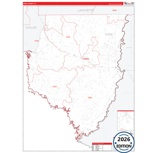 Dixie County, FL Red Line 5 Digit ZIP Code Wall Map