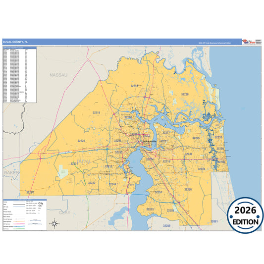 Duval County, FL Business Reference 5 Digit ZIP Code Wall Map