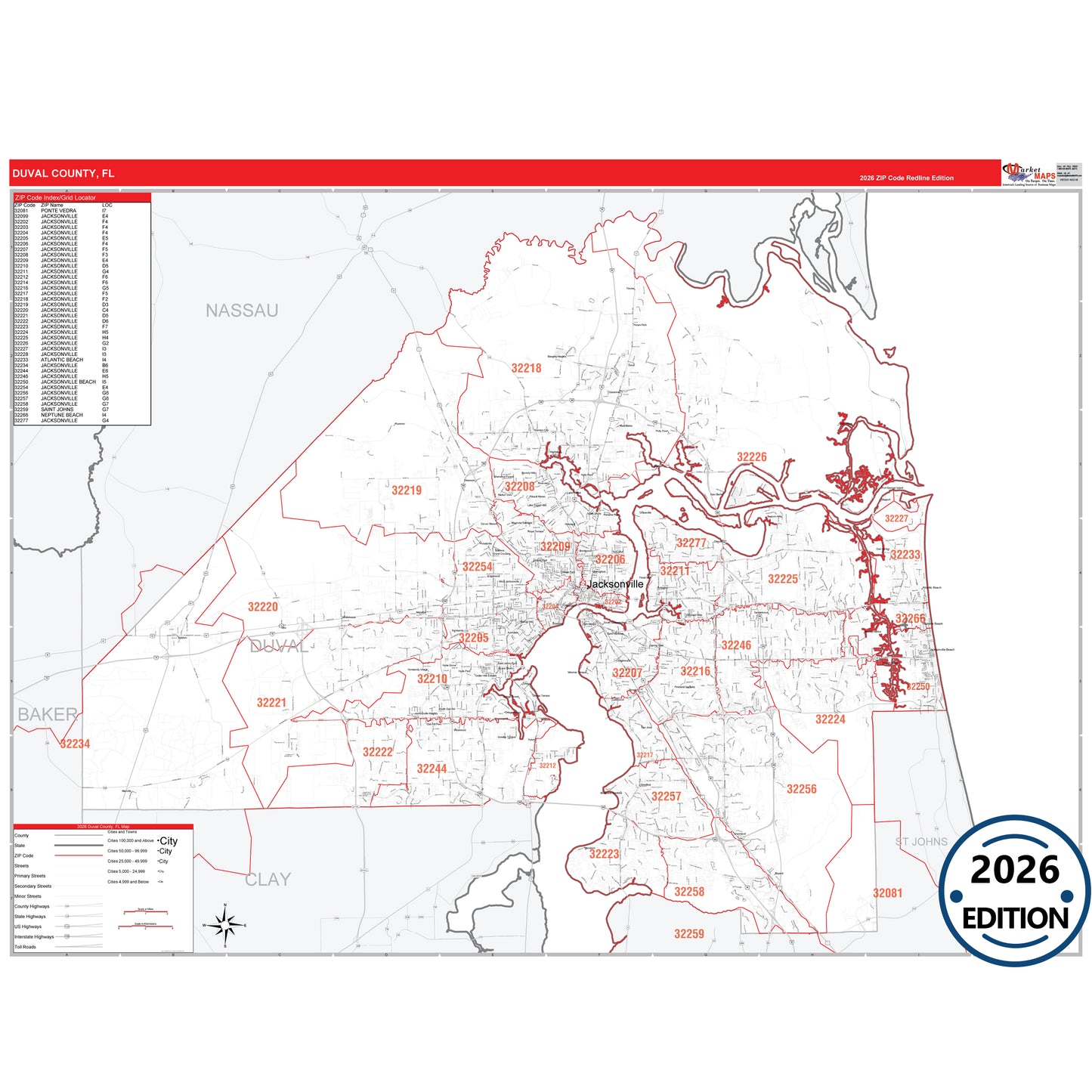 Duval County, FL Red Line 5 Digit ZIP Code Wall Map