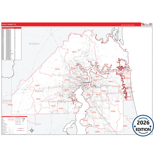 Duval County, FL Red Line 5 Digit ZIP Code Wall Map