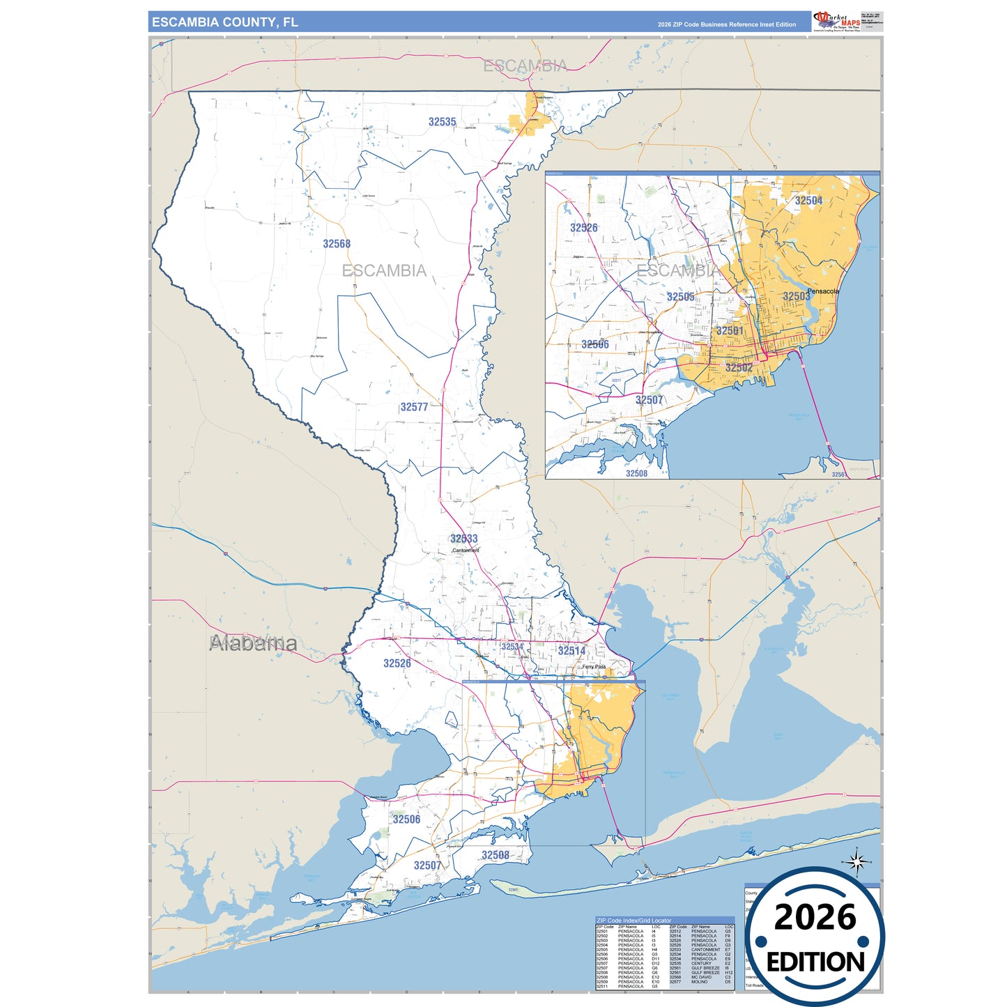 Escambia County, FL Business Reference 5 Digit ZIP Code Wall Map