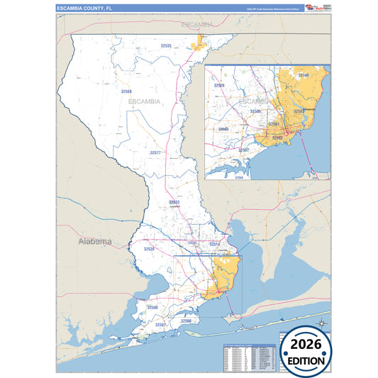 Escambia County, FL Business Reference 5 Digit ZIP Code Wall Map