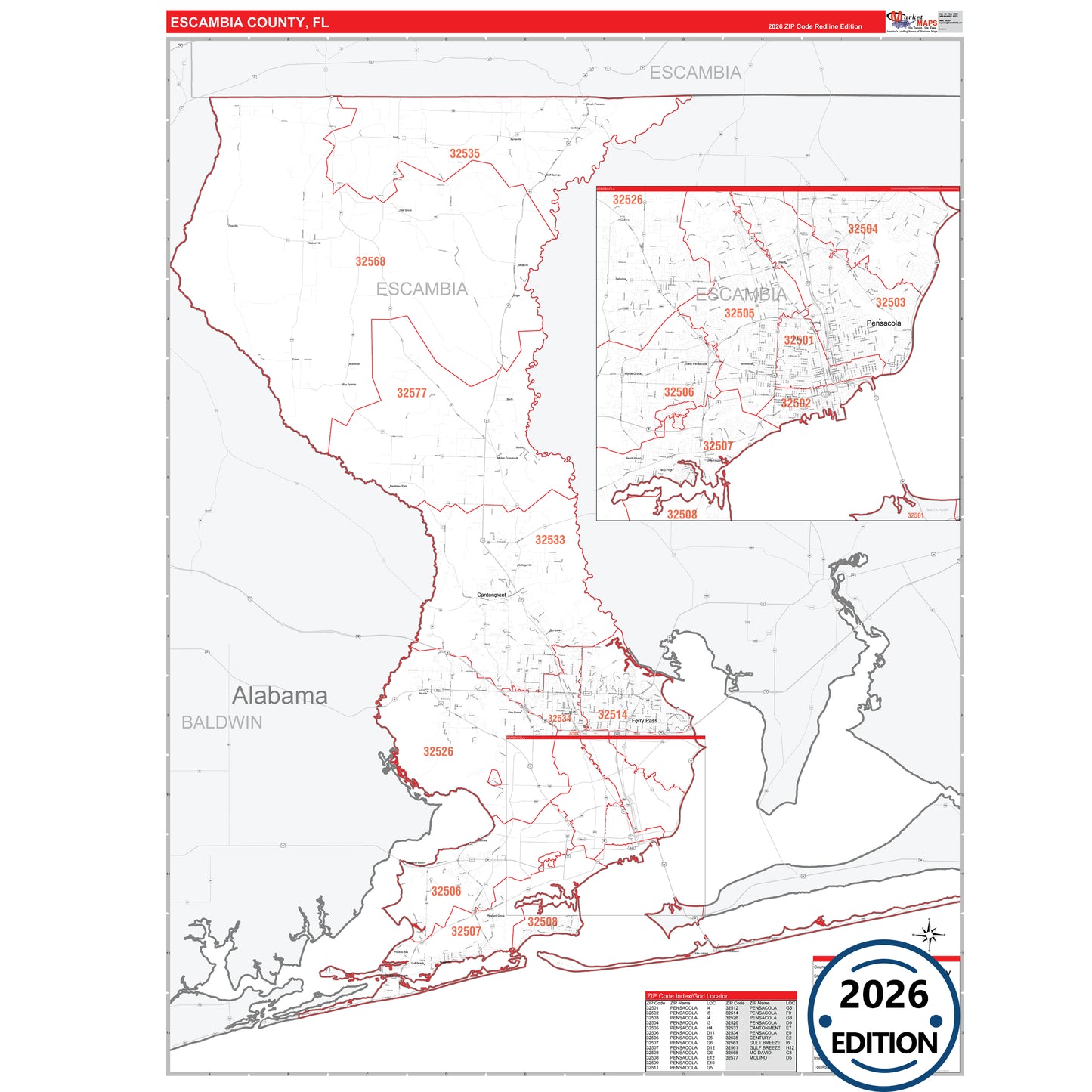 Escambia County, FL Red Line 5 Digit ZIP Code Wall Map