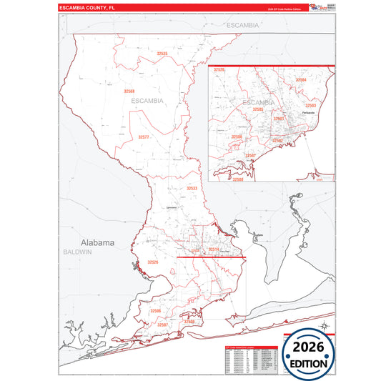 Escambia County, FL Red Line 5 Digit ZIP Code Wall Map