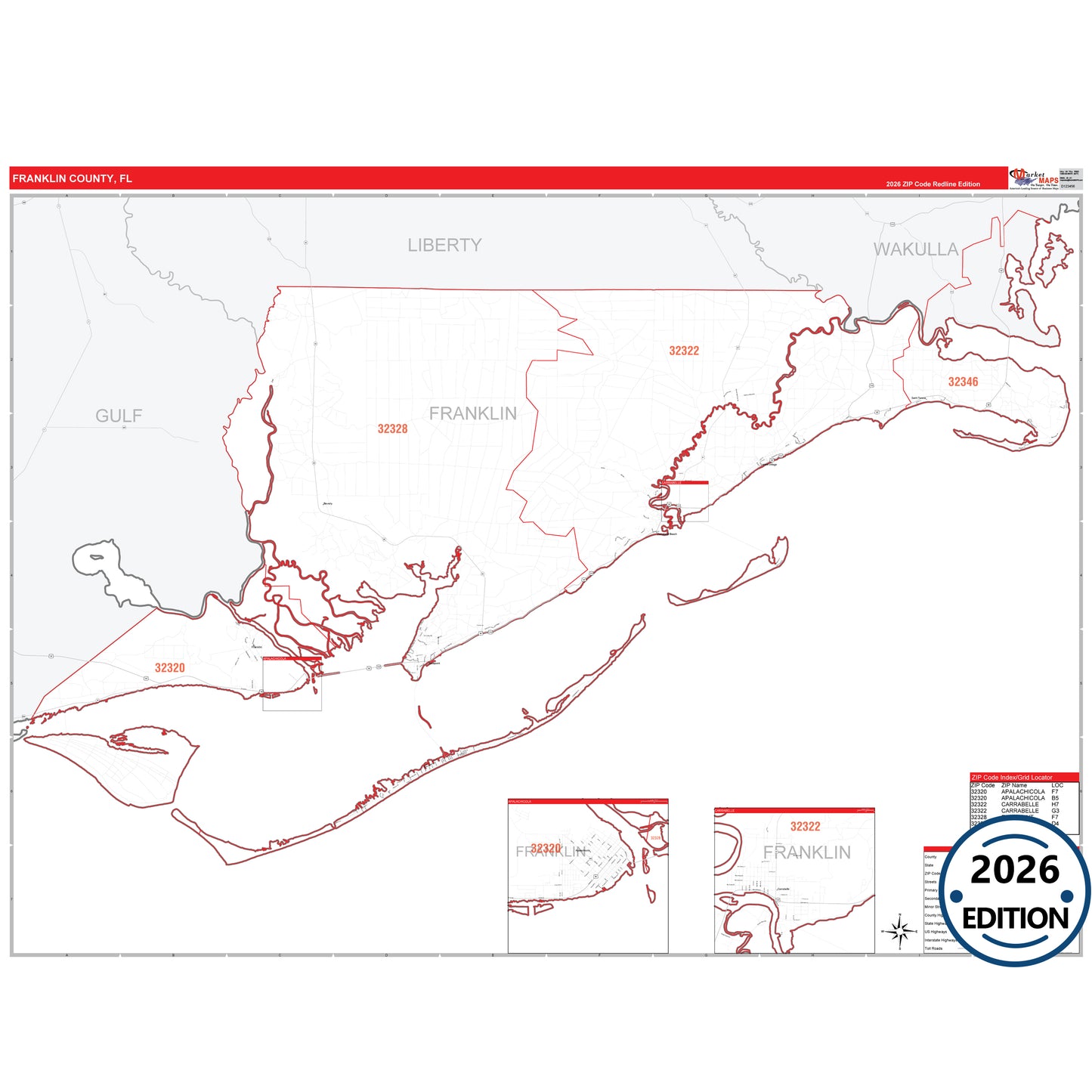Franklin County, FL Red Line 5 Digit ZIP Code Wall Map