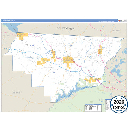 Gadsden County, FL Business Reference 5 Digit ZIP Code Wall Map