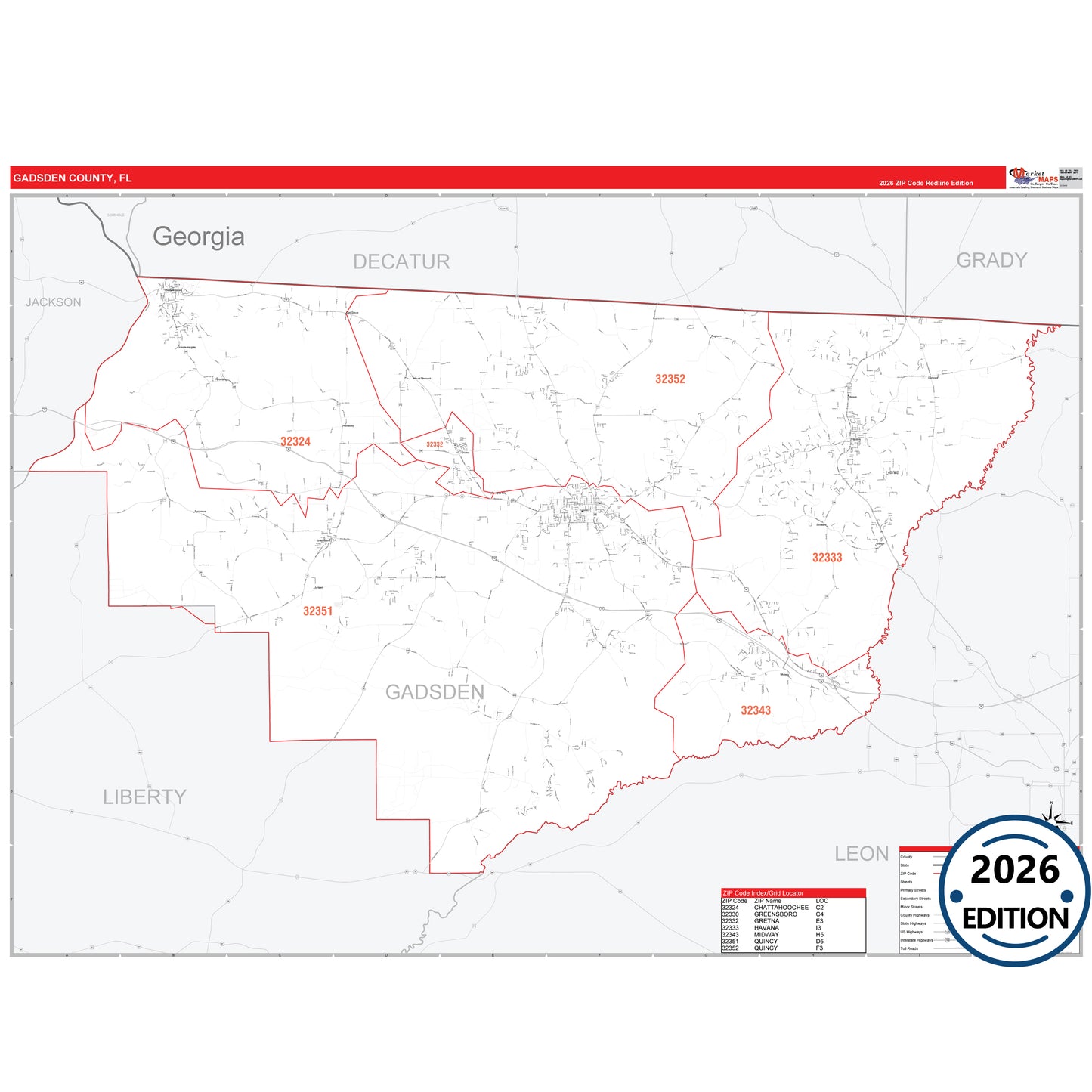 Gadsden County, FL Red Line 5 Digit ZIP Code Wall Map