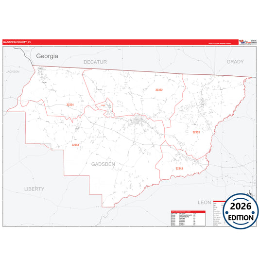Gadsden County, FL Red Line 5 Digit ZIP Code Wall Map