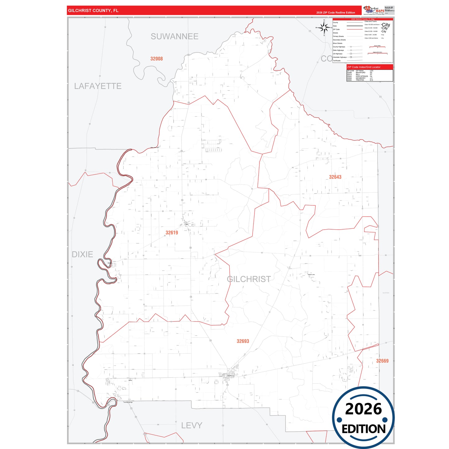 Gilchrist County, FL Red Line 5 Digit ZIP Code Wall Map