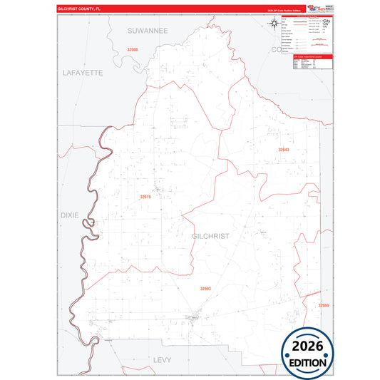 Gilchrist County, FL Red Line 5 Digit ZIP Code Wall Map