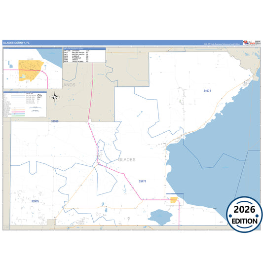 Glades County, FL Business Reference 5 Digit ZIP Code Wall Map