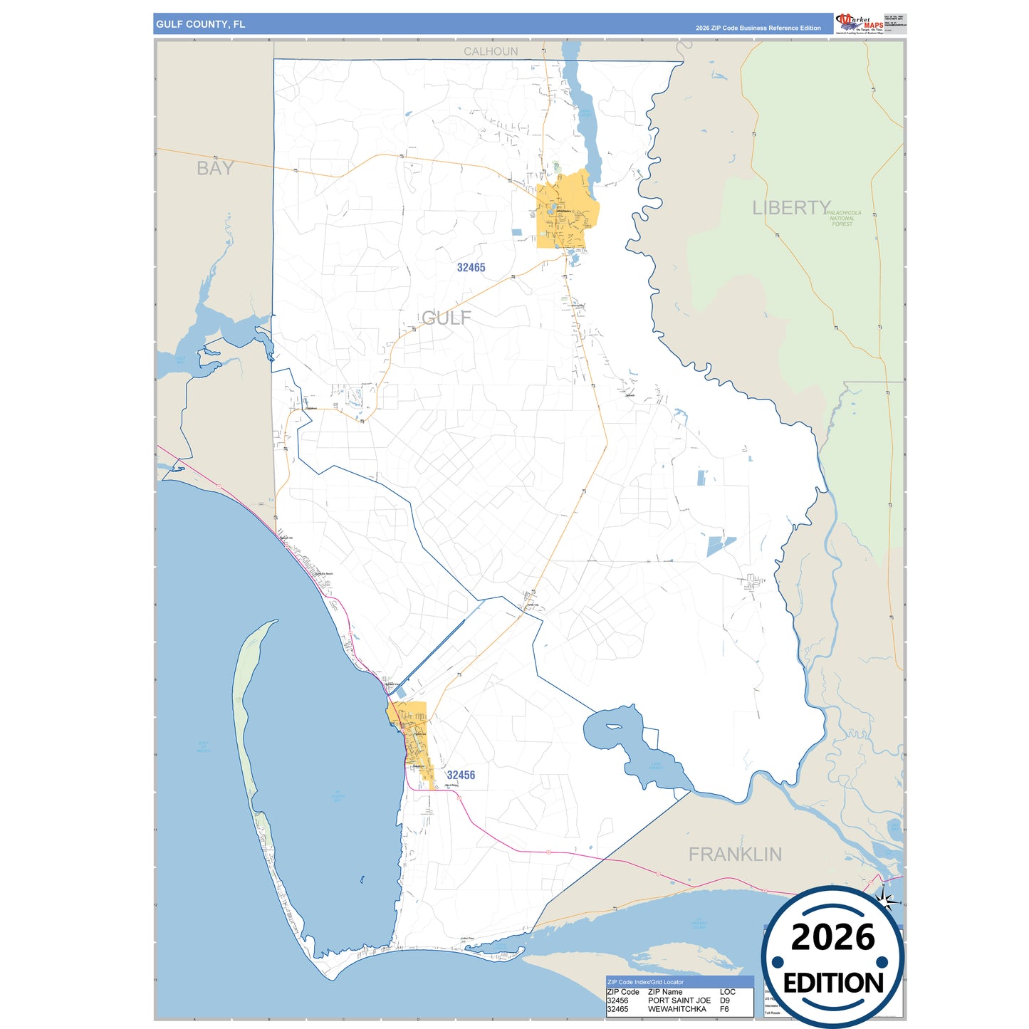 Gulf County, FL Business Reference 5 Digit ZIP Code Wall Map