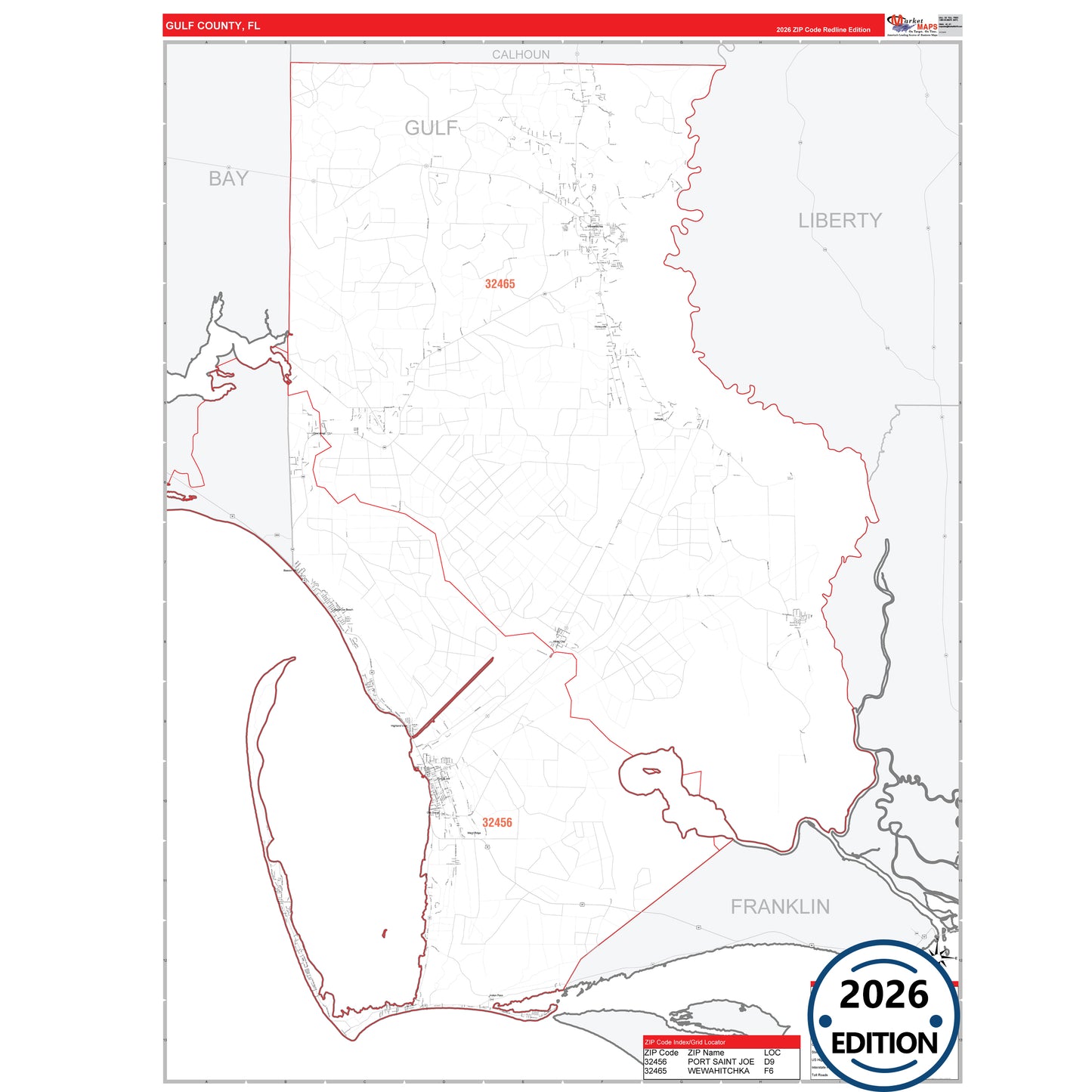 Gulf County, FL Red Line 5 Digit ZIP Code Wall Map