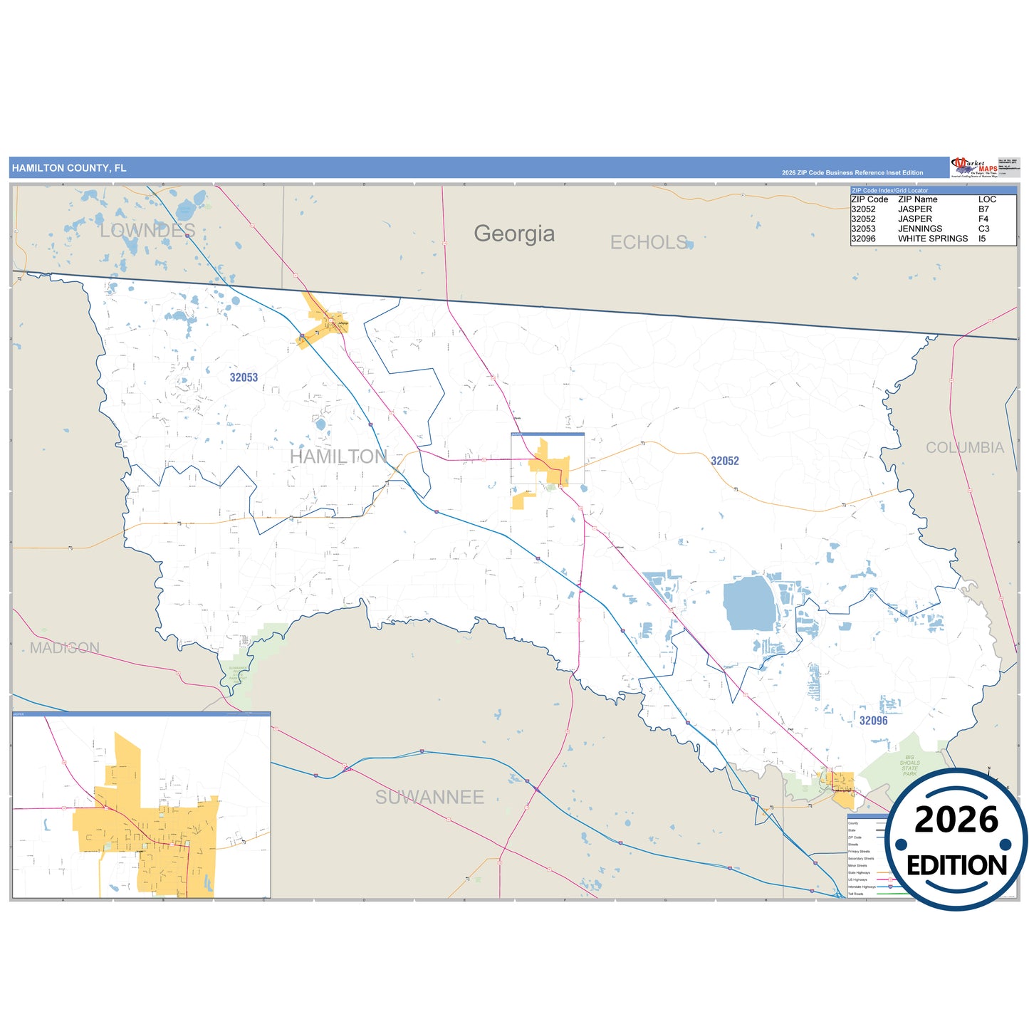 Hamilton County, FL Business Reference 5 Digit ZIP Code Wall Map