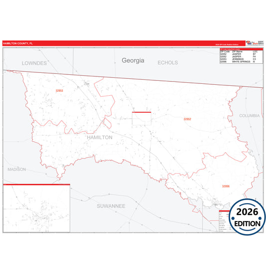 Hamilton County, FL Red Line 5 Digit ZIP Code Wall Map