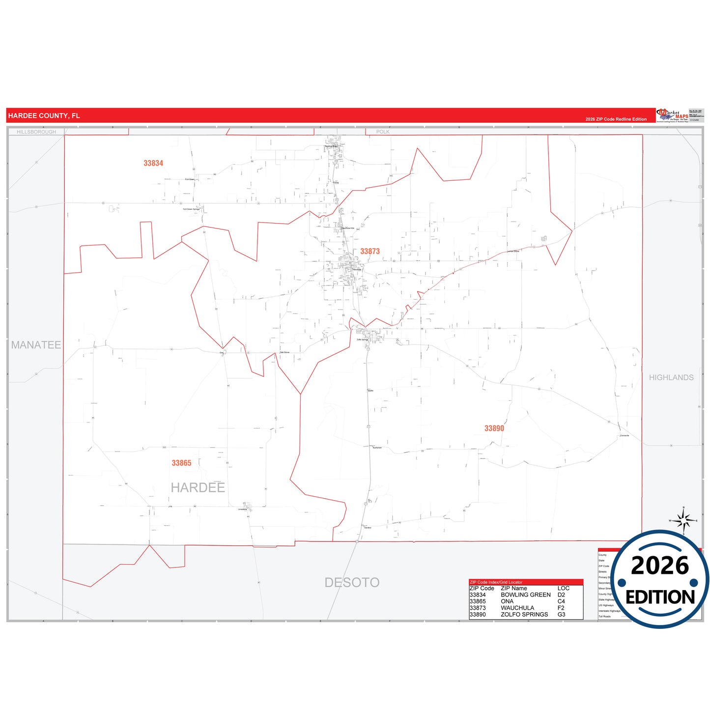 Hardee County, FL Red Line 5 Digit ZIP Code Wall Map