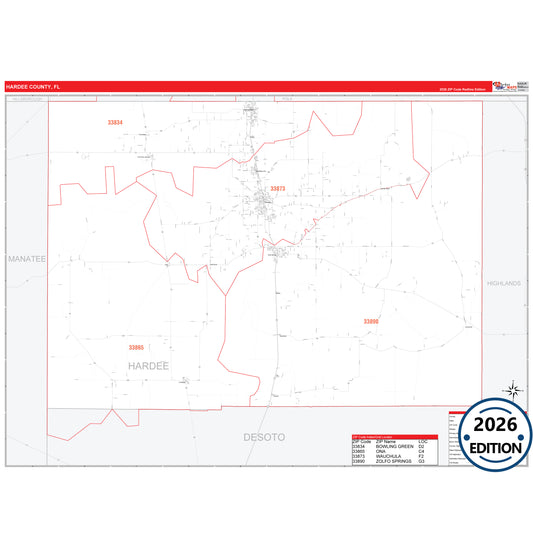 Hardee County, FL Red Line 5 Digit ZIP Code Wall Map