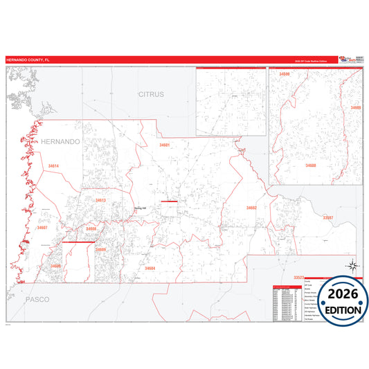 Hernando County, FL Red Line 5 Digit ZIP Code Wall Map