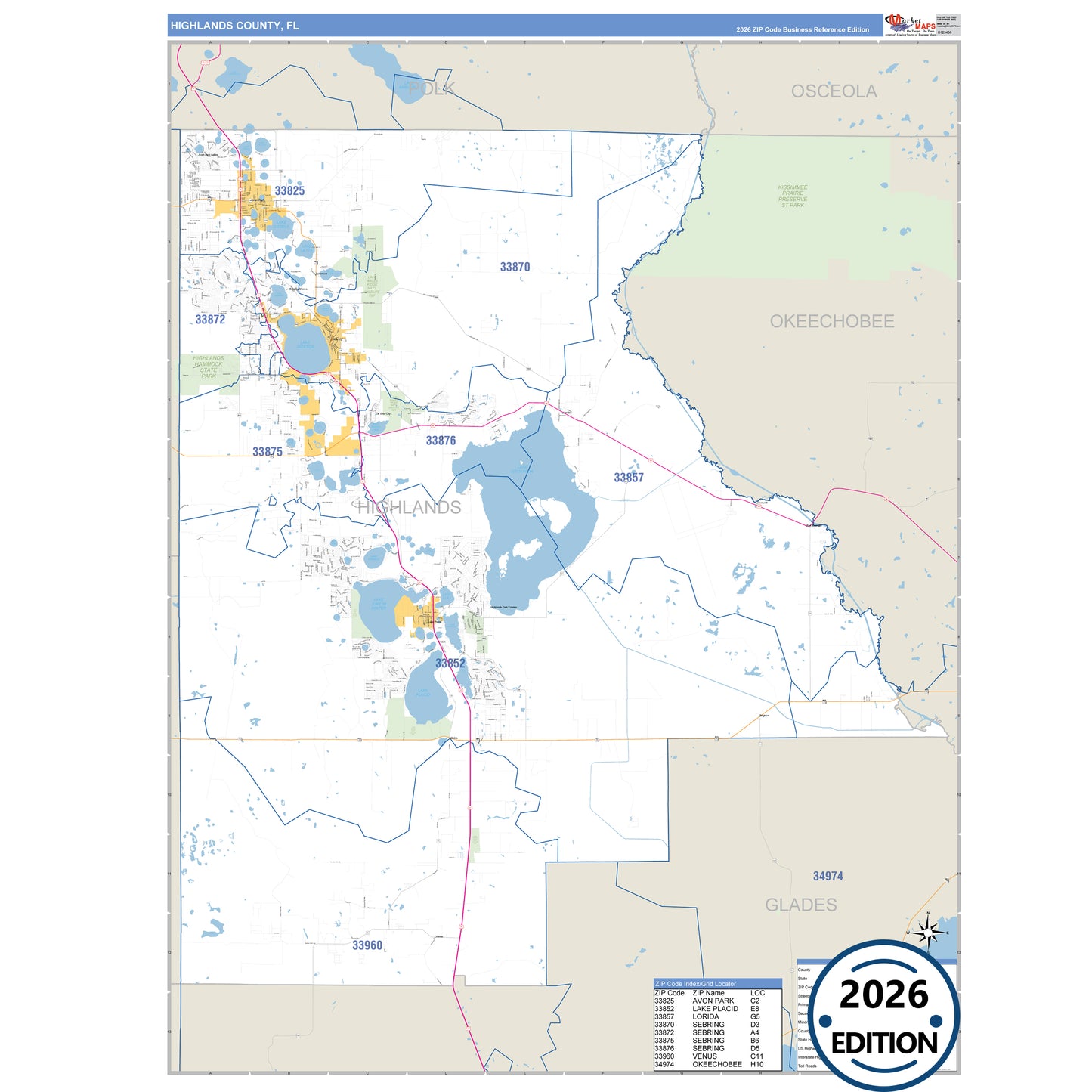 Highlands County, FL Business Reference 5 Digit ZIP Code Wall Map